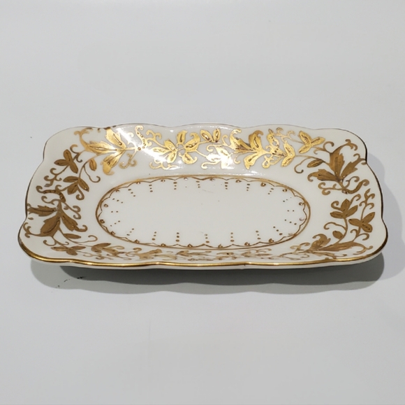 1950s Lenwile-Ardalt 5 1/2" Long Porcelain Rectangle Dish Embossed Gold Gilt - Picture 5 of 10